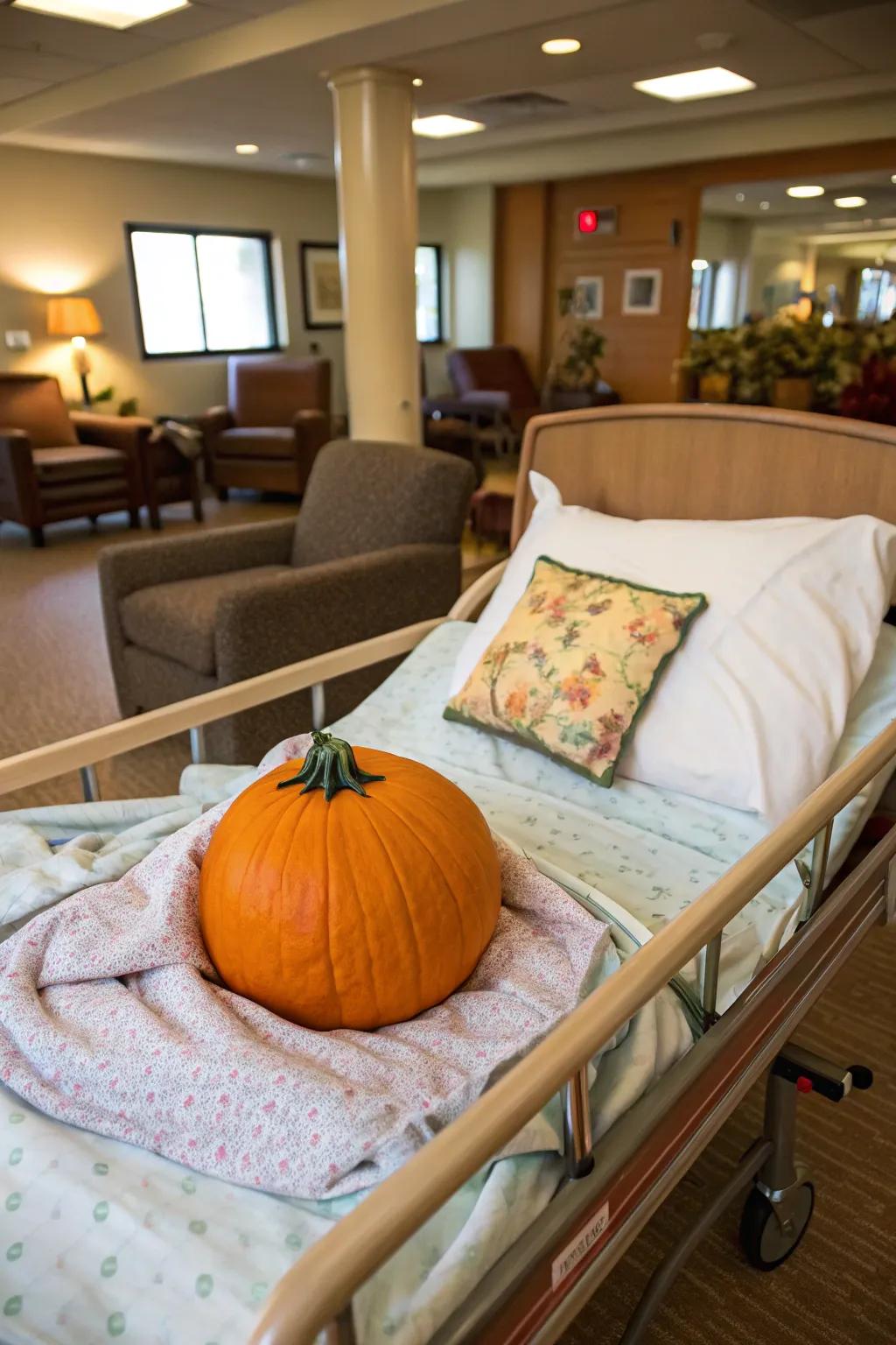 The nursing home's decor gains humor from a pumpkin patient.