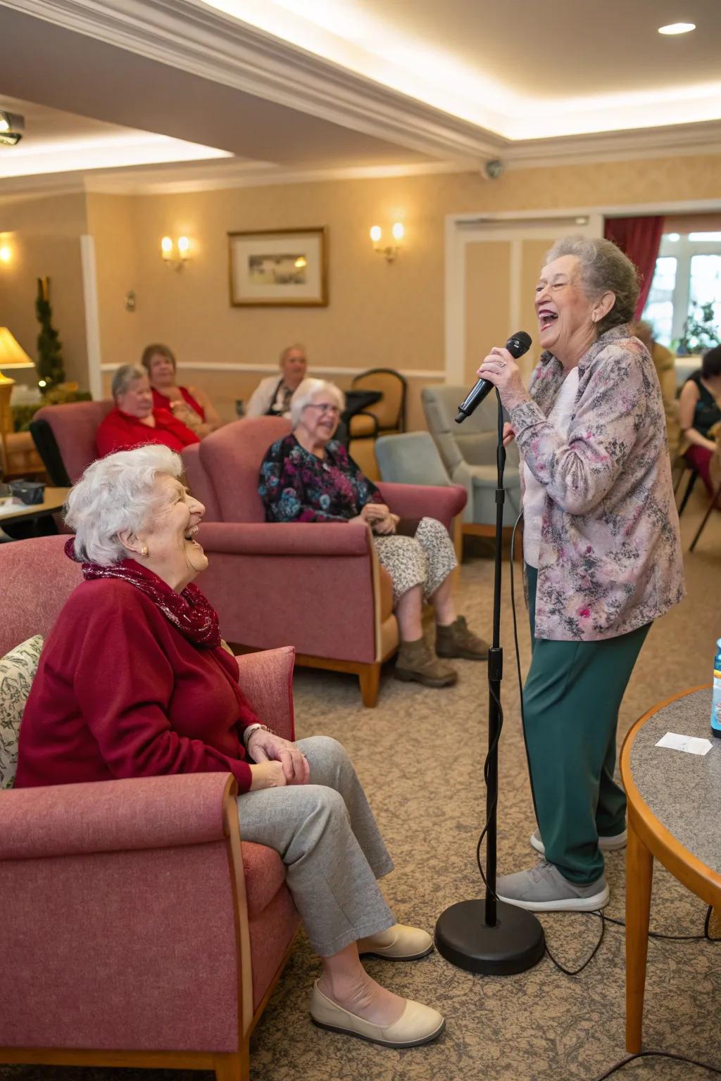 Residents enjoying a lively karaoke session with classic love songs.