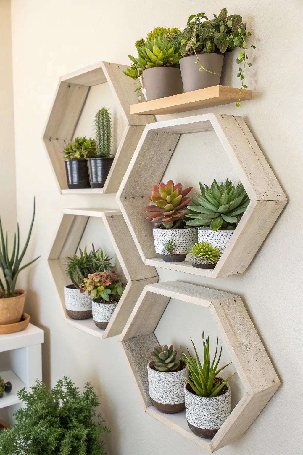 Transform octagon shelves into a vibrant plant display.