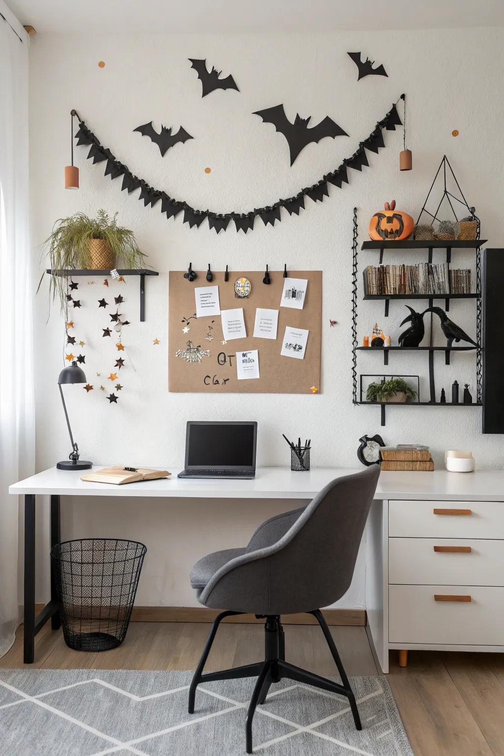 A modern home office bulletin board with Halloween decor.