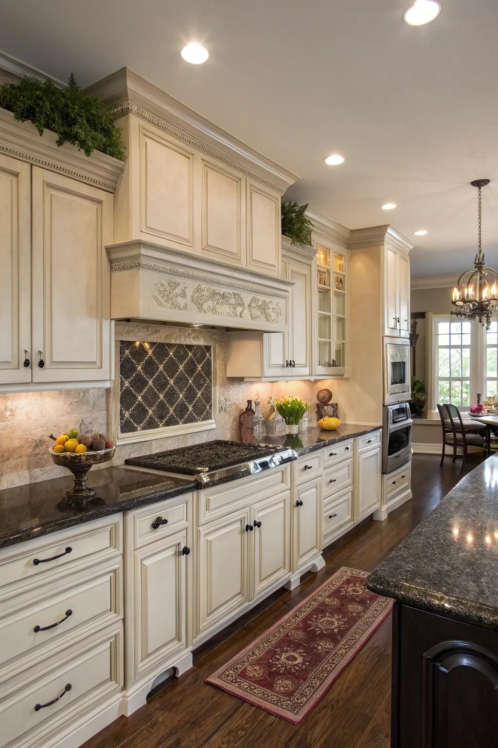 Deep-colored worktops enrich soft white cabinets.