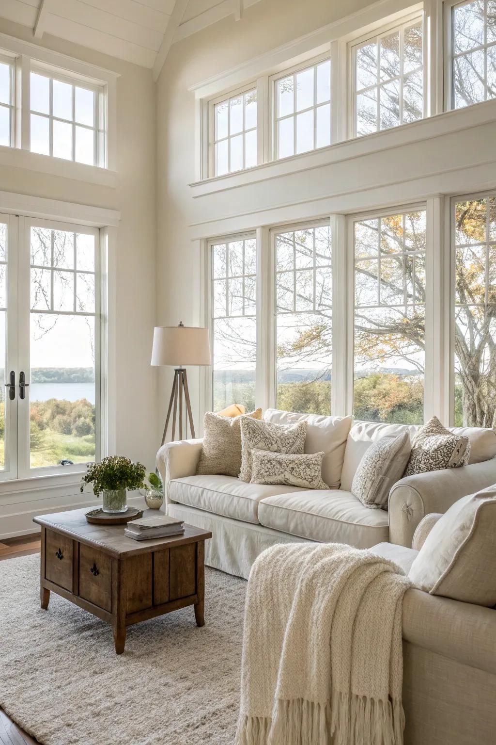 Sunlight highlights the elegance of an off-white palette.