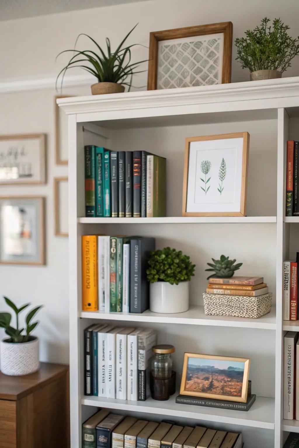 Decorative elements infuse personality into office bookshelves.