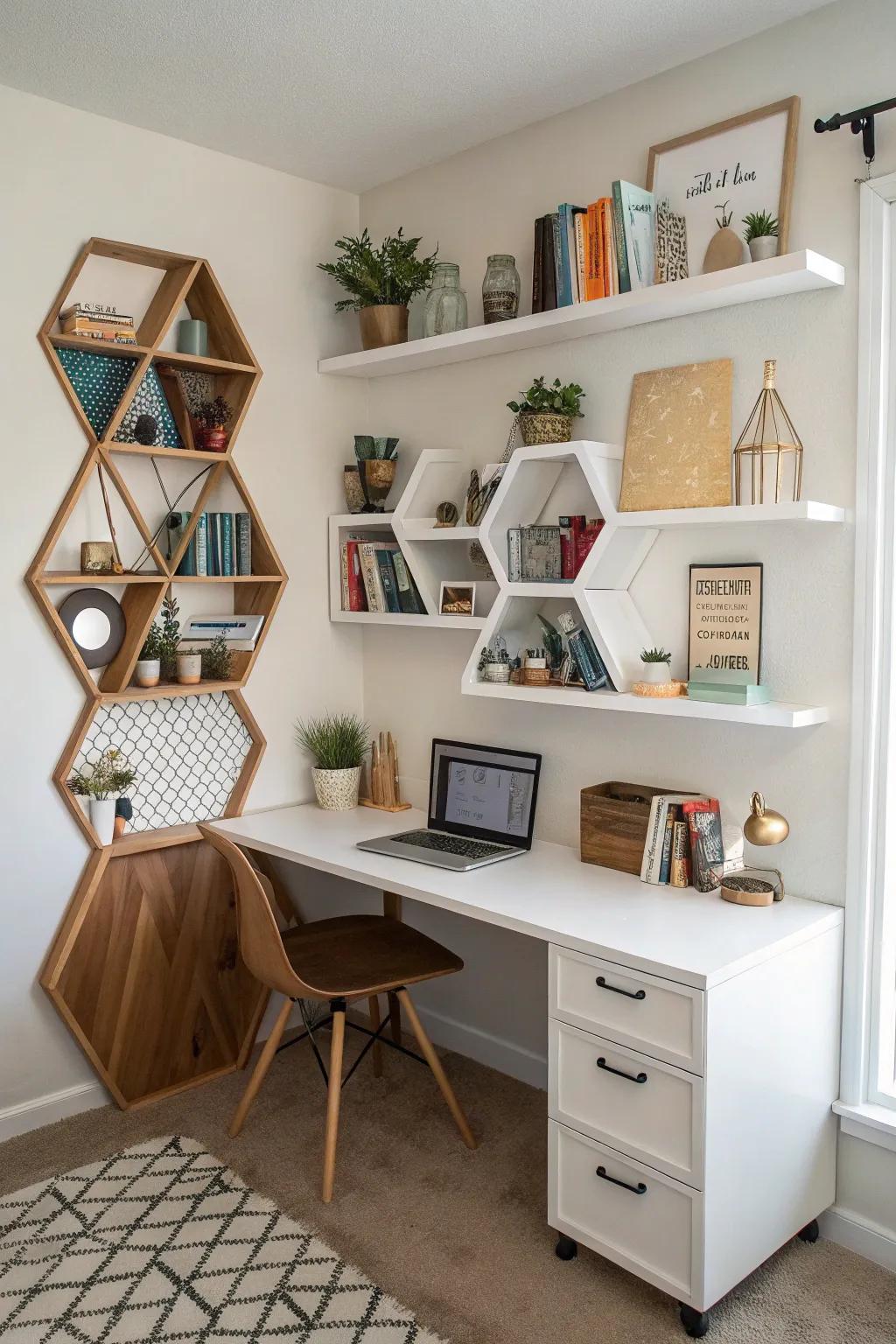 Symmetrical modules transform your office nook into an artistic exhibition.