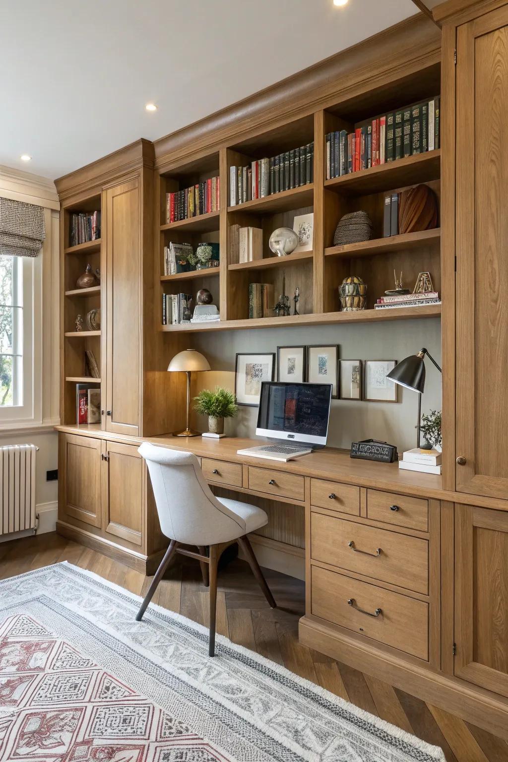 An organized office featuring built-in storage solutions.