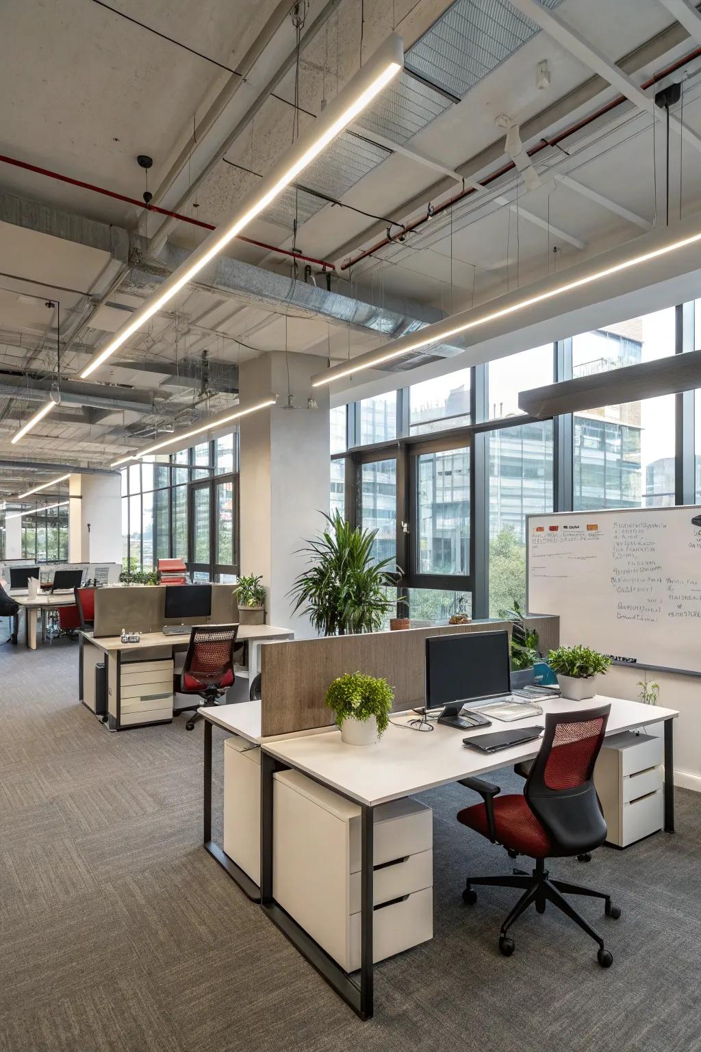 Open office lighting makes sure the workspace is bright and boosts productivity.