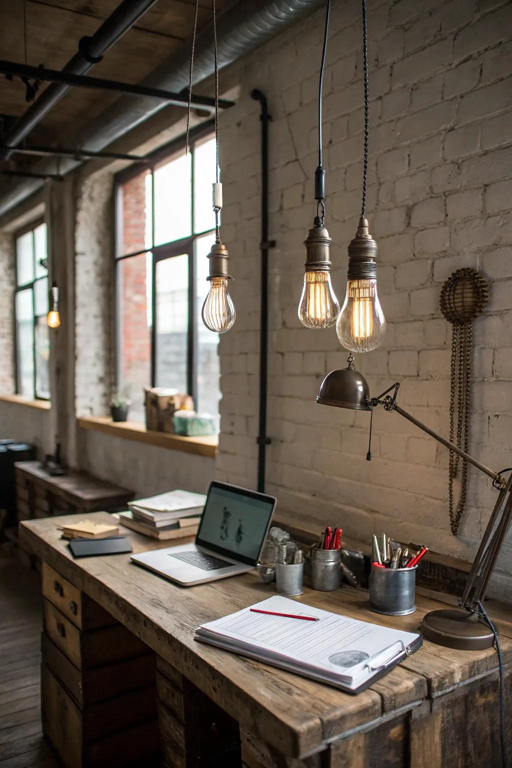 Produce an urban trendy appearance using metal pendant lights and visible bulbs.