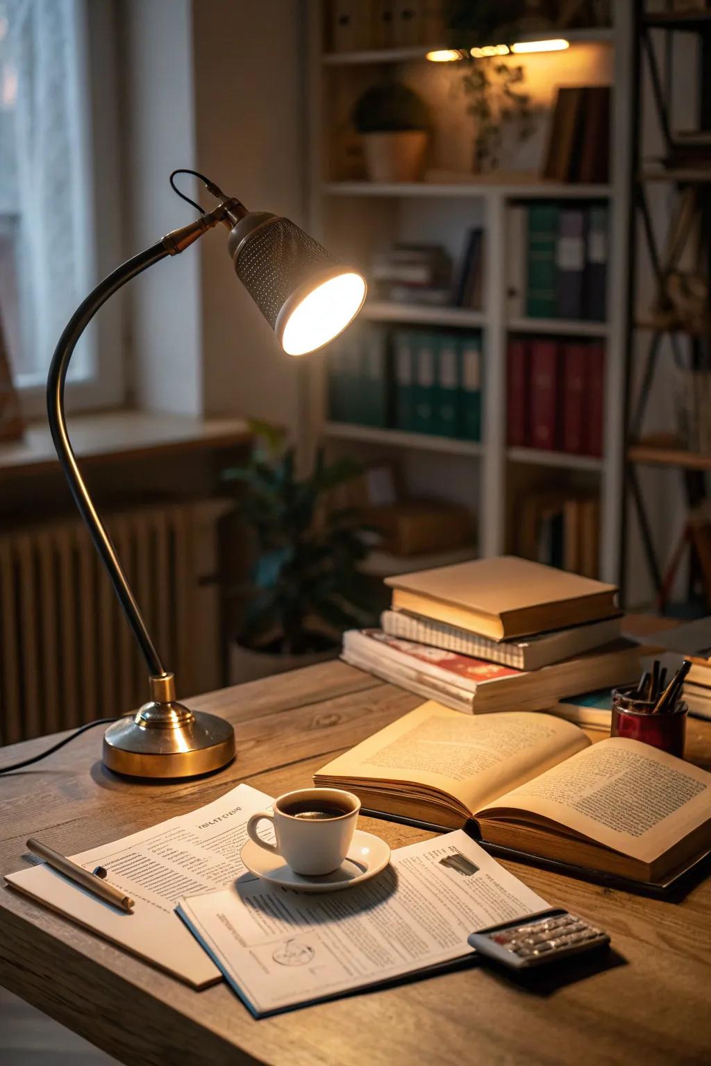 Ambient and task lighting work together to create a warm reading atmosphere in this office.