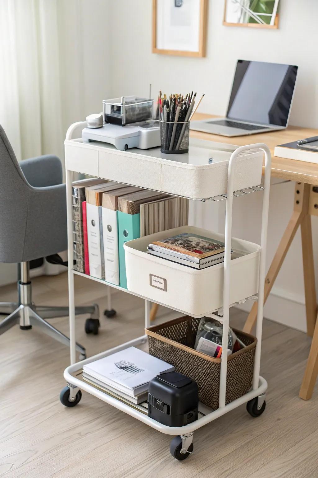 A versatile rolling cart enhances office storage by adding mobility and ease.