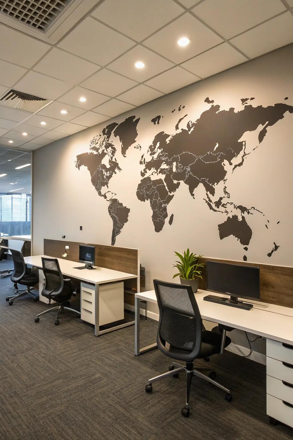A decorative map of the world that sparks travel and exploration in the office.