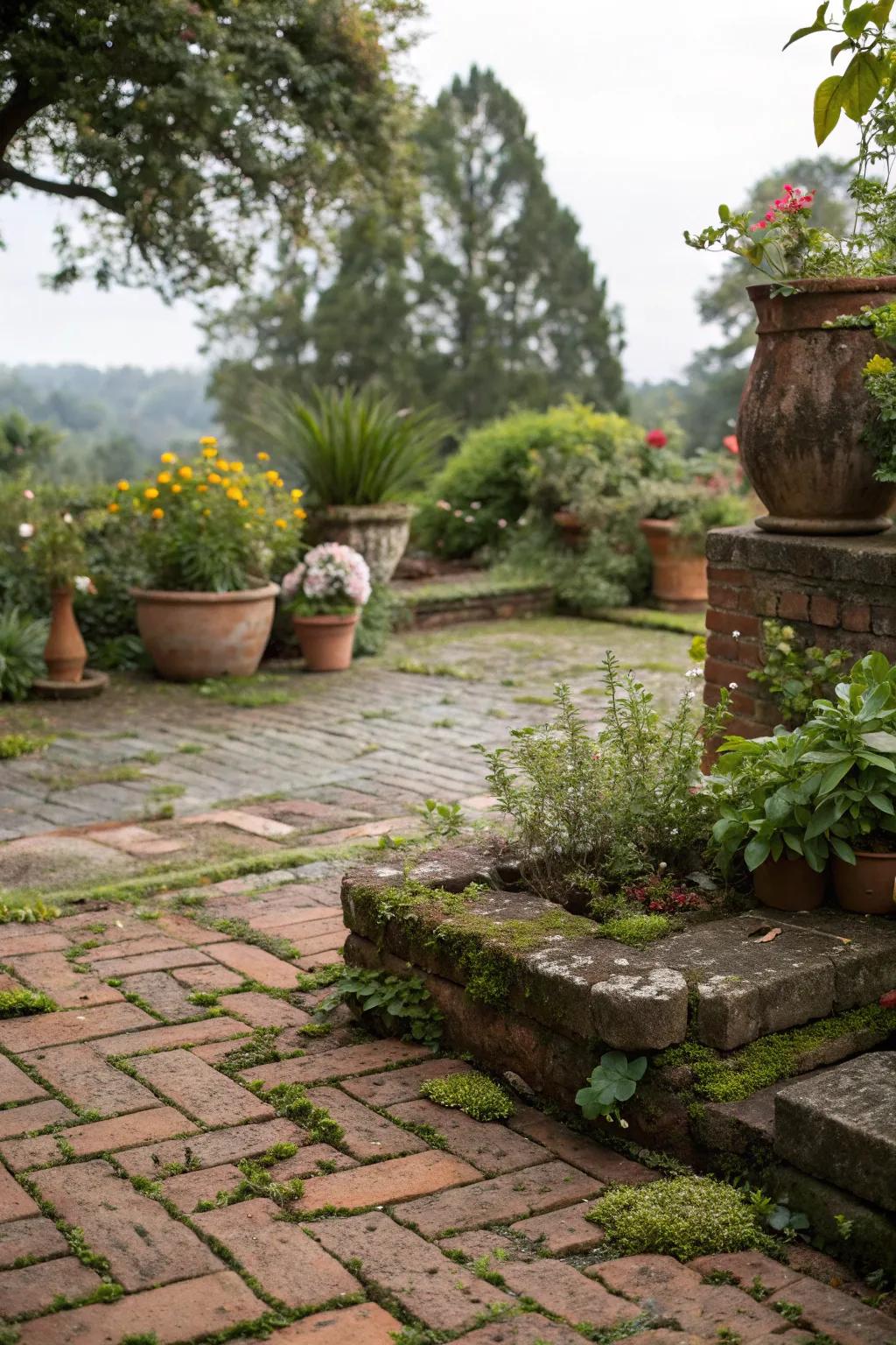 Flower-filled pots enhance the country charm of this brick patio
