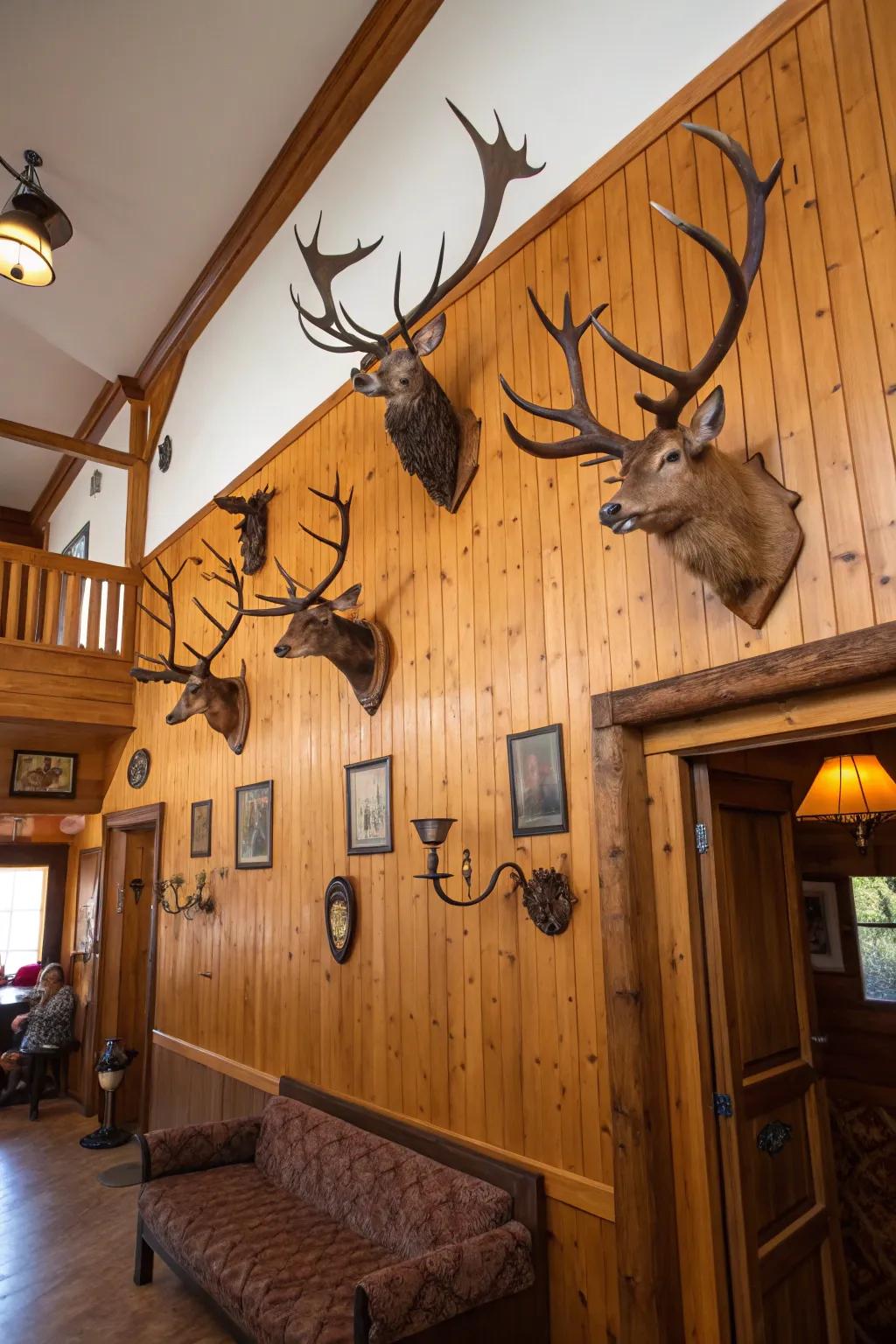 A retreat wall ornamented with mounted horns and animal prizes.