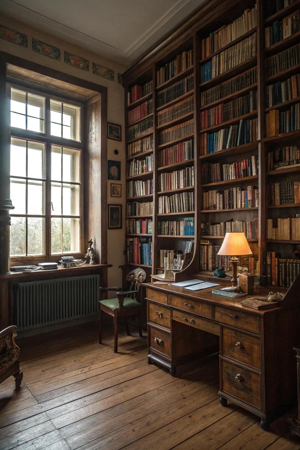A library atmosphere with grand bookshelves