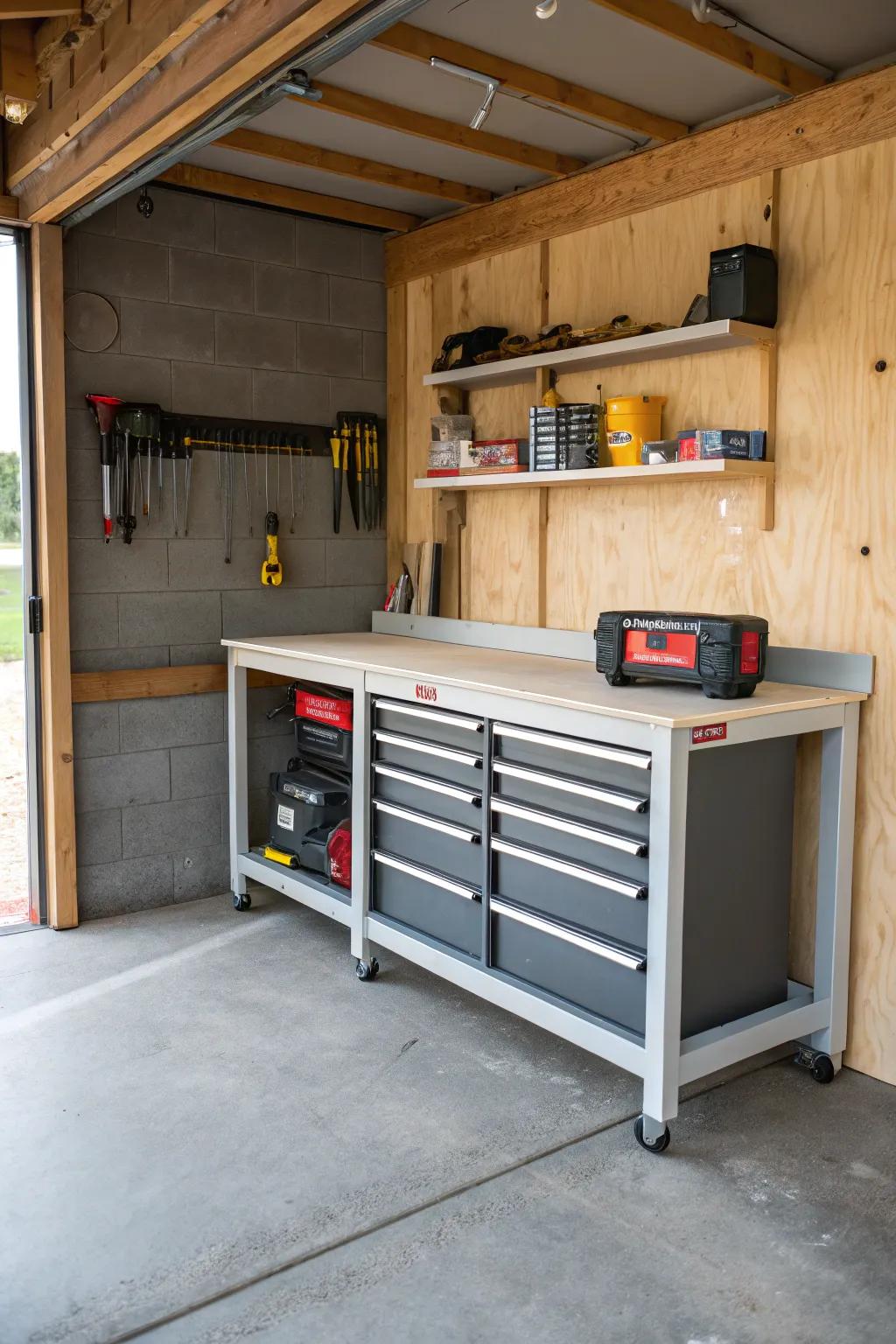 A foldable workbench adds utility without taking up precious space.