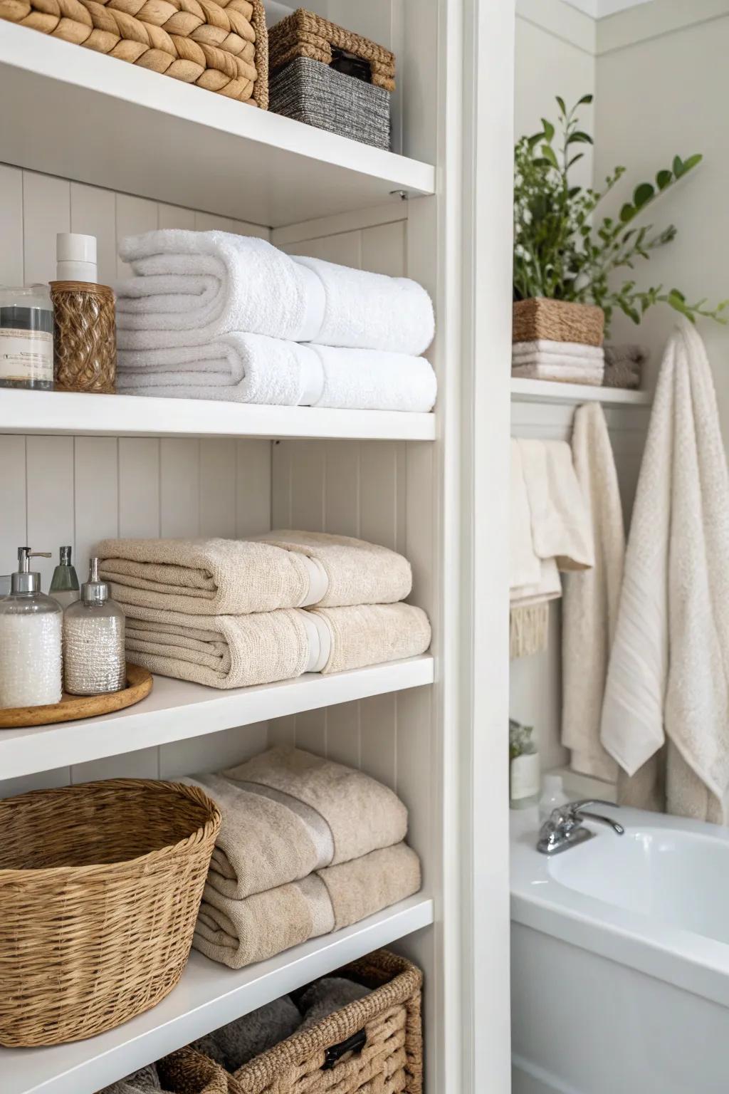 Carefully arranged towels evoke a spa-like sensation in open linen closets.