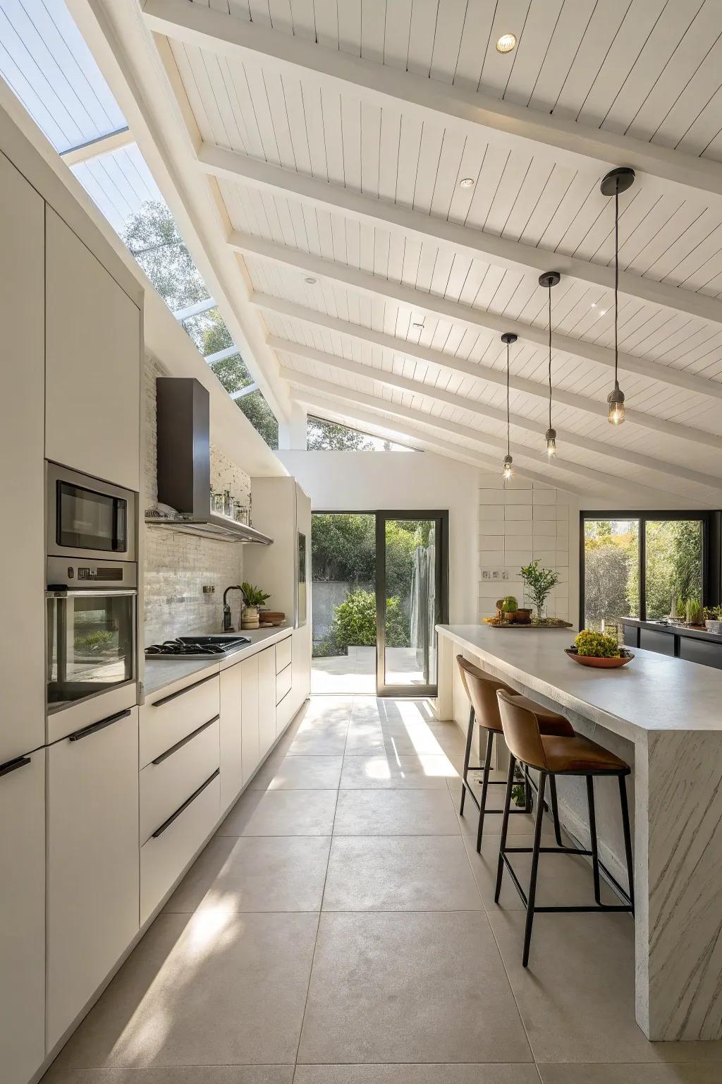 A bright, airy kitchen with a white ceiling that enhances the feeling of openness.