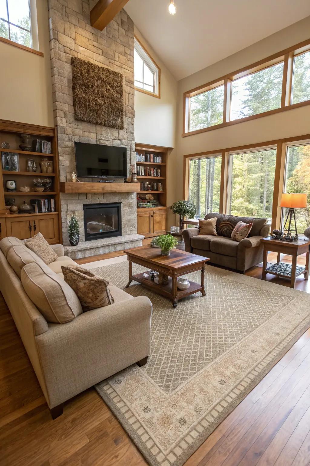 Floor coverings can delineate zones while preserving an open atmosphere.