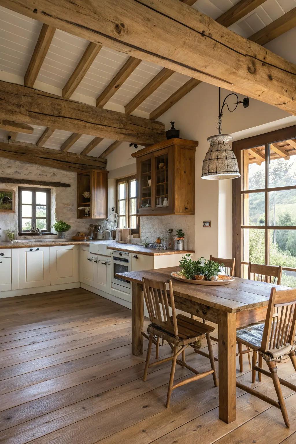 Timber beams and flooring enrich the kitchen space with warmth.