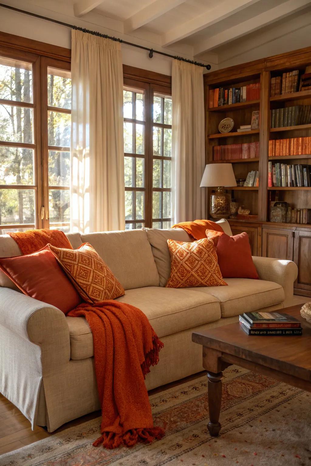 Tangerine throws and cushions deliver a burst of color, enhancing the room's inviting charm.