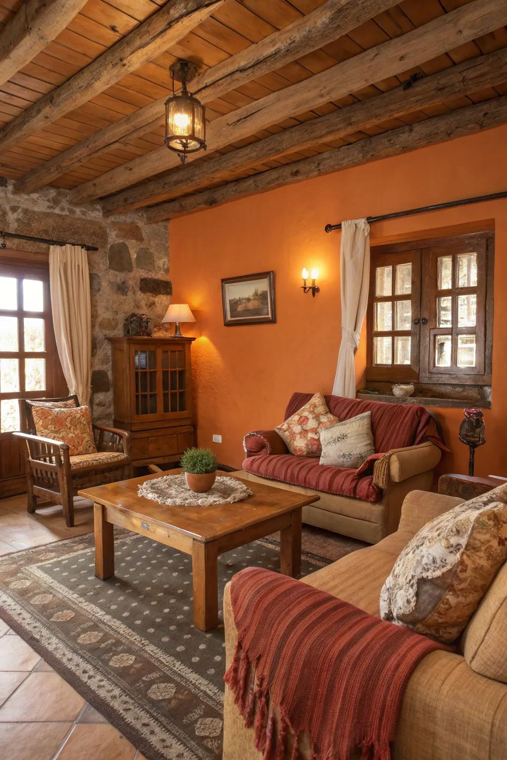 An earthy-inspired living room with coral walls and wooden furniture creating a serene haven.