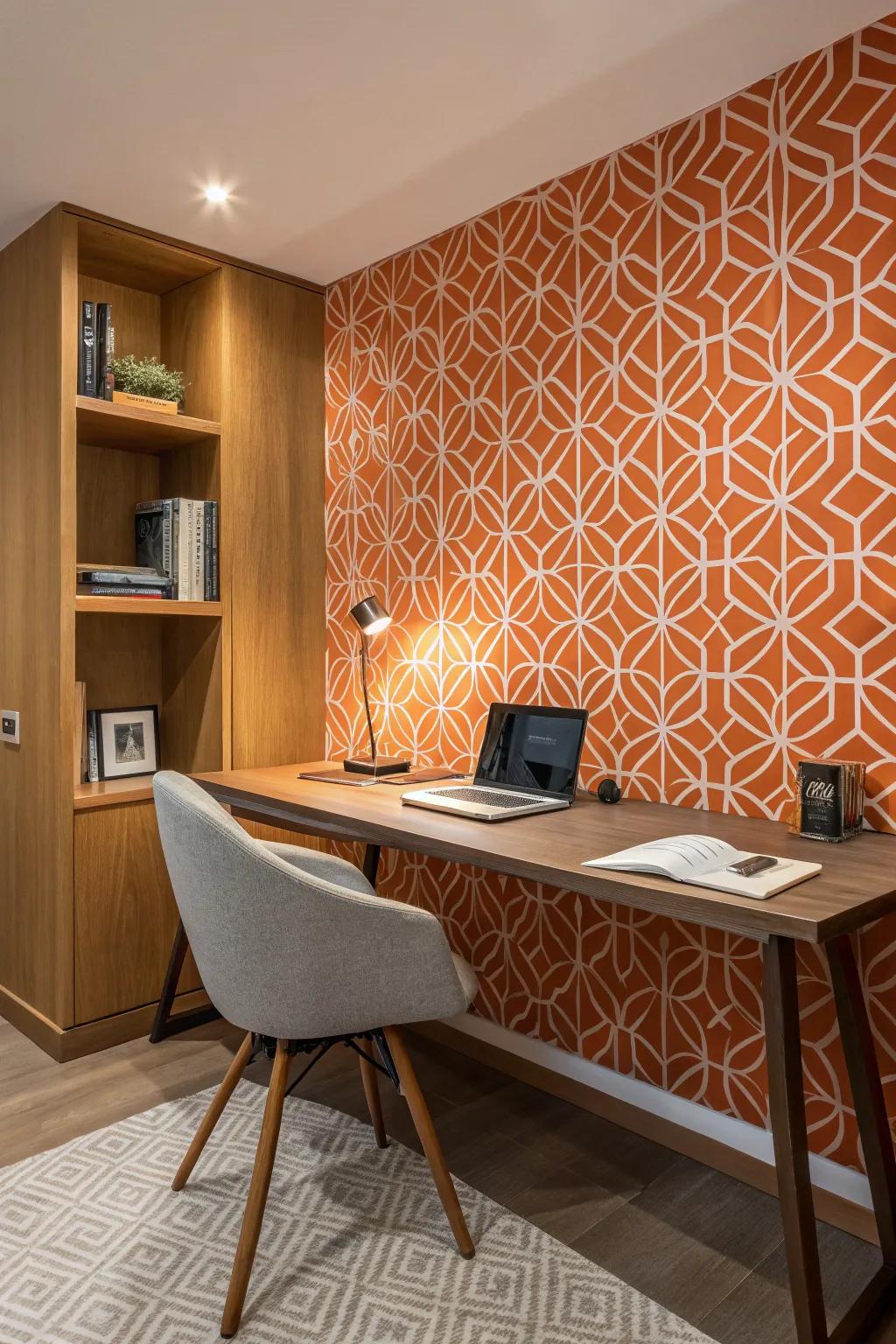 A home office dazzles with tangerine geometric patterns, creating a playful yet elegant atmosphere.