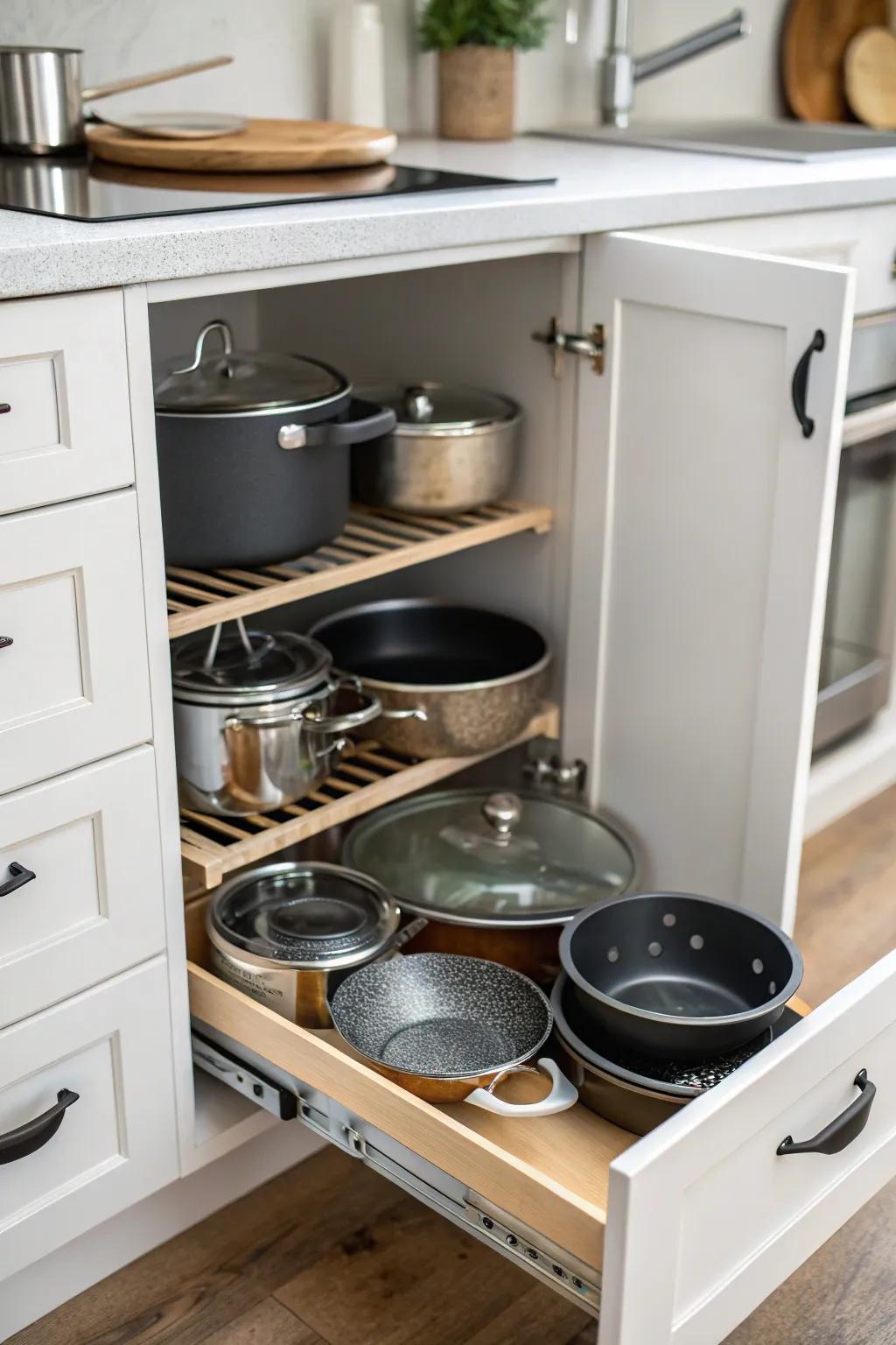 A cabinet featuring dividers to keep pots and pans in perfect order.