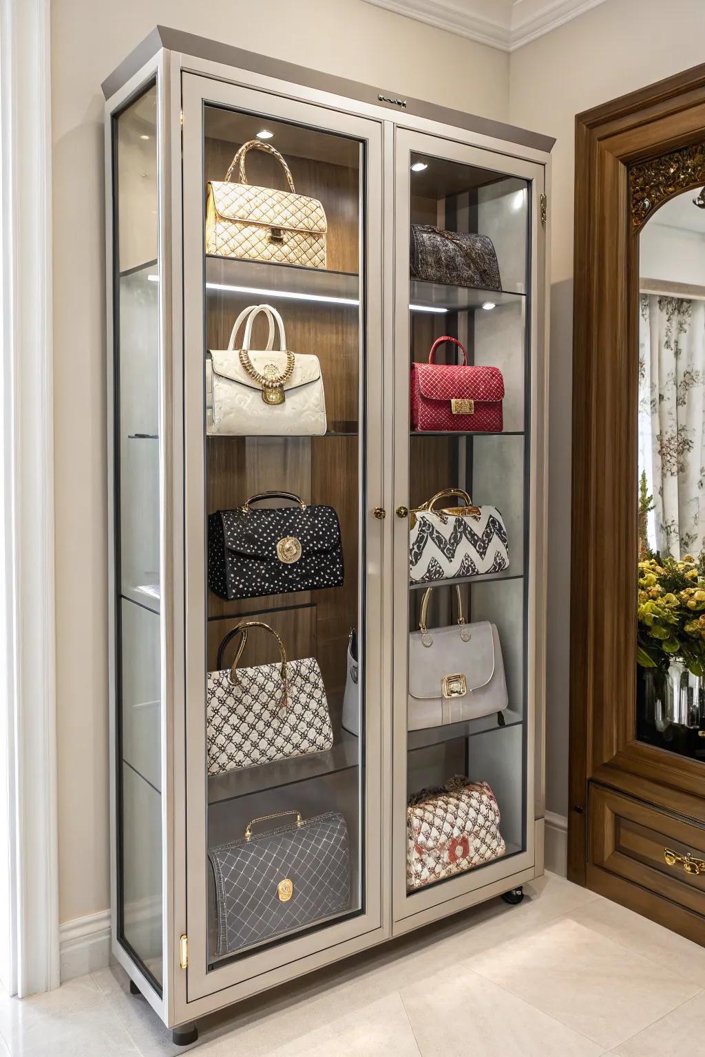 A display case elevates your closet's style while keeping your bags safe.
