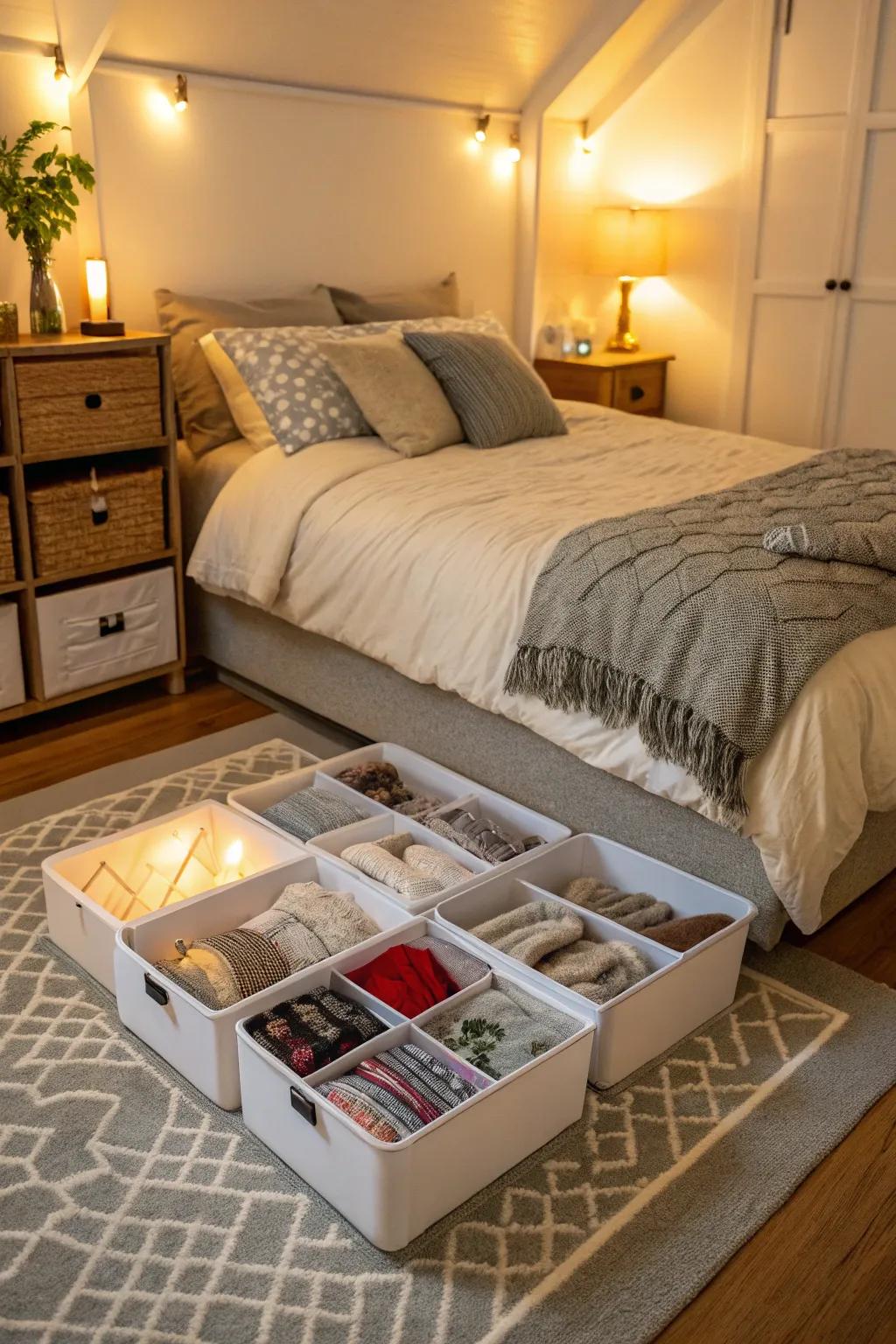 Make the most of the area under your bed for hidden storage.