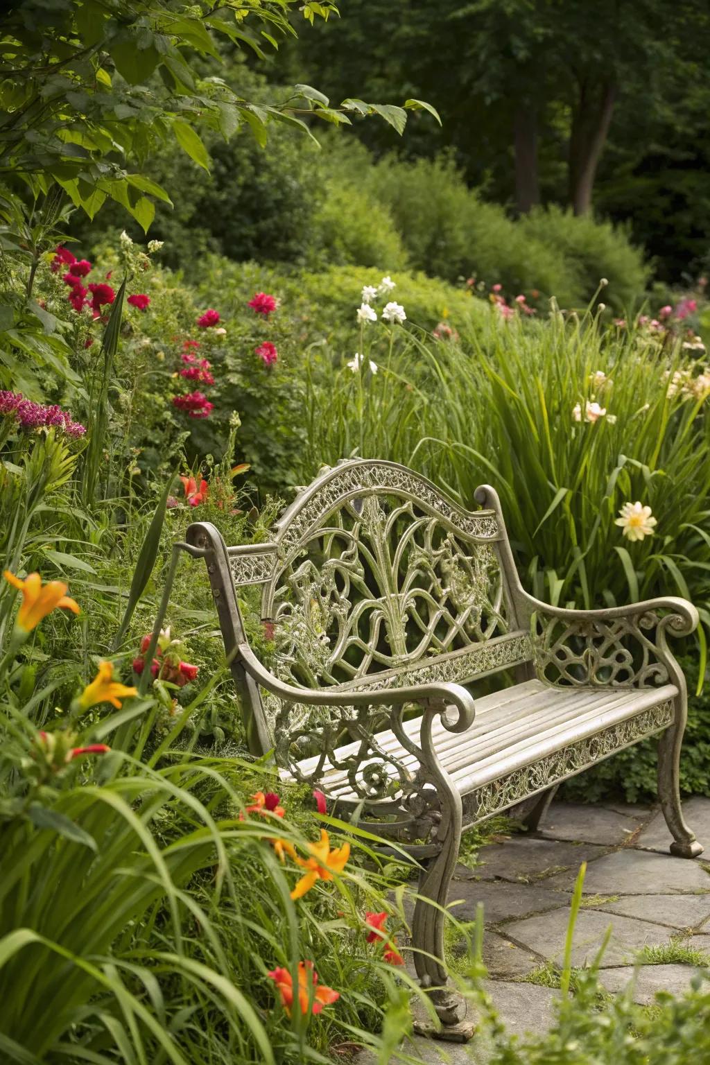 Ornate metal bench, a focal point in a verdant landscape.