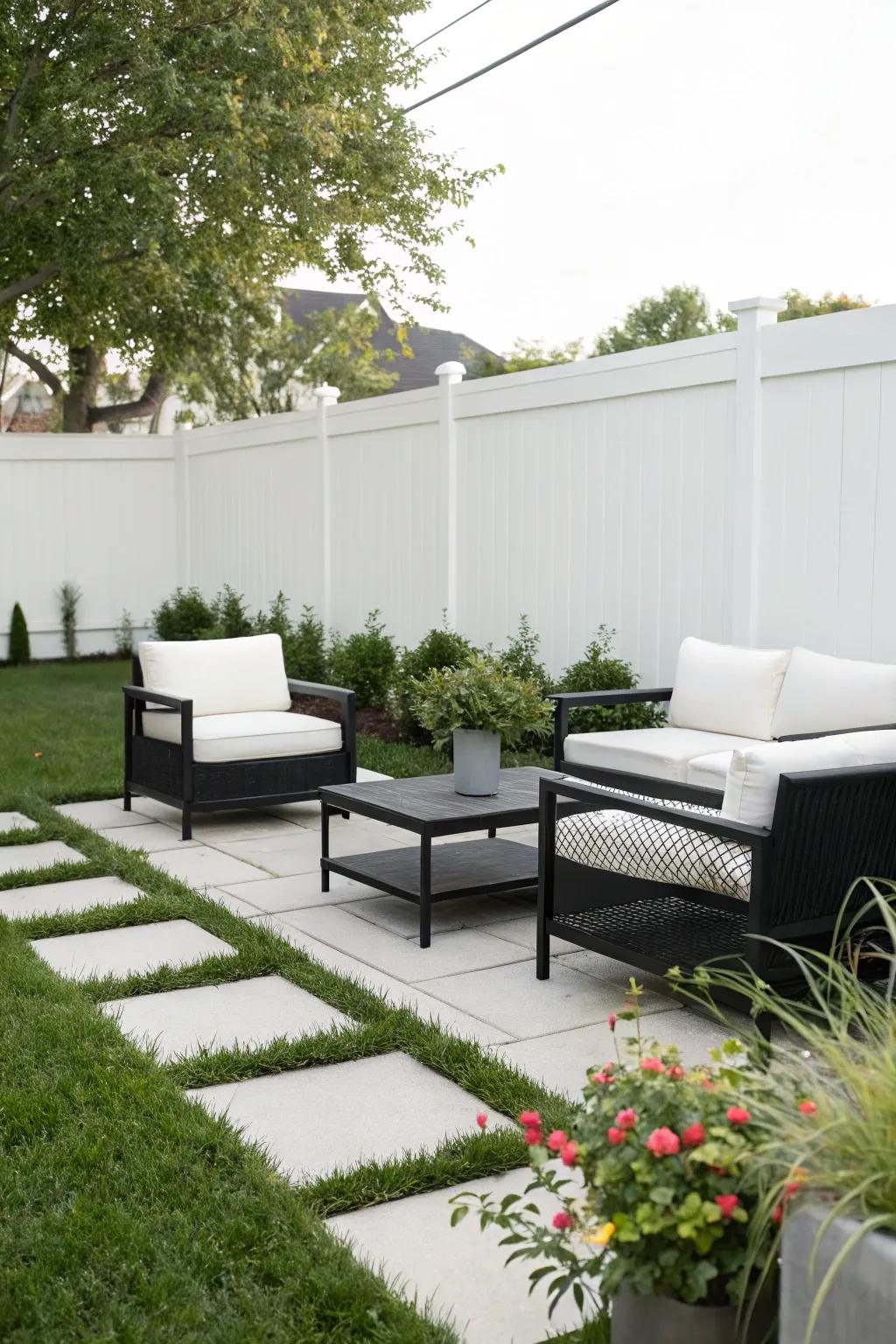 A minimalist patio showcasing sleek black and white furniture for a clean, modern aesthetic.