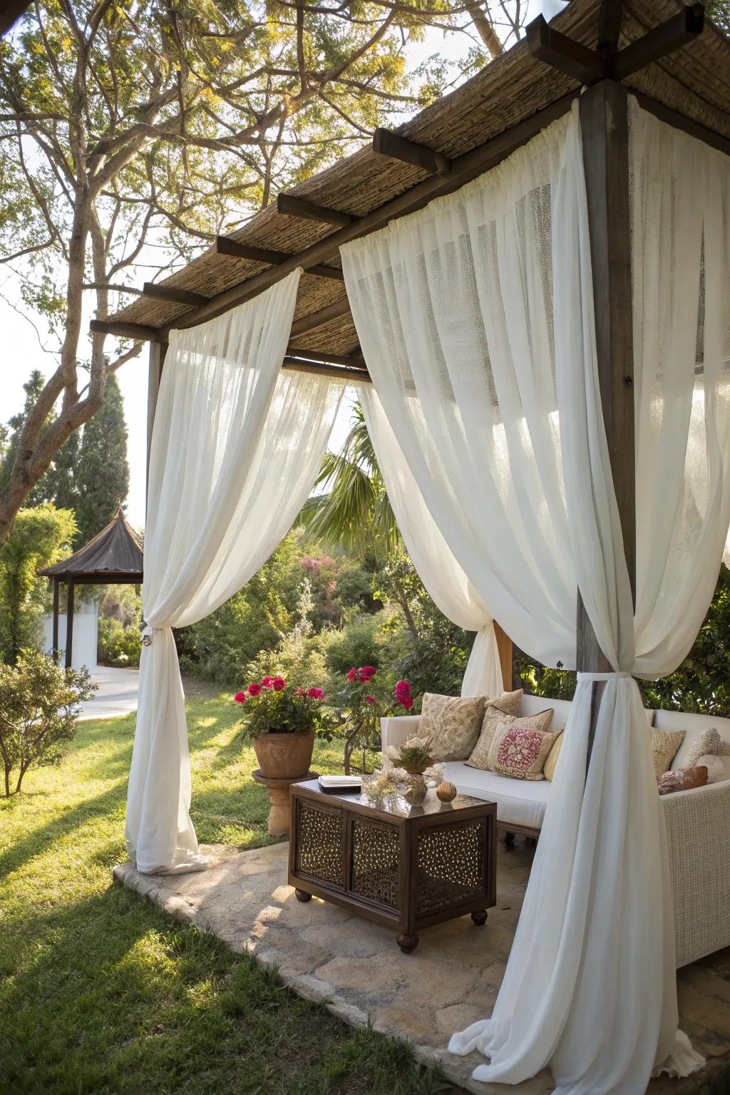 Soft drapes impart sophistication and privacy to your outdoor space.