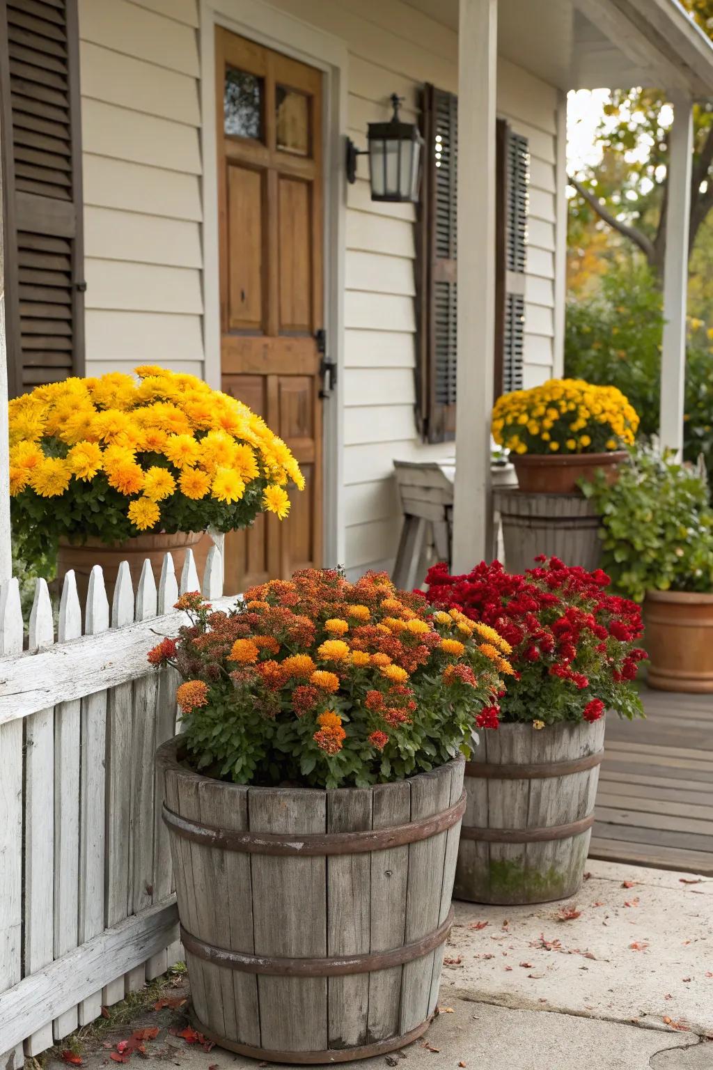 Florist's chrysanthemums set in time-worn containers enrich with strokes of autumn dye.