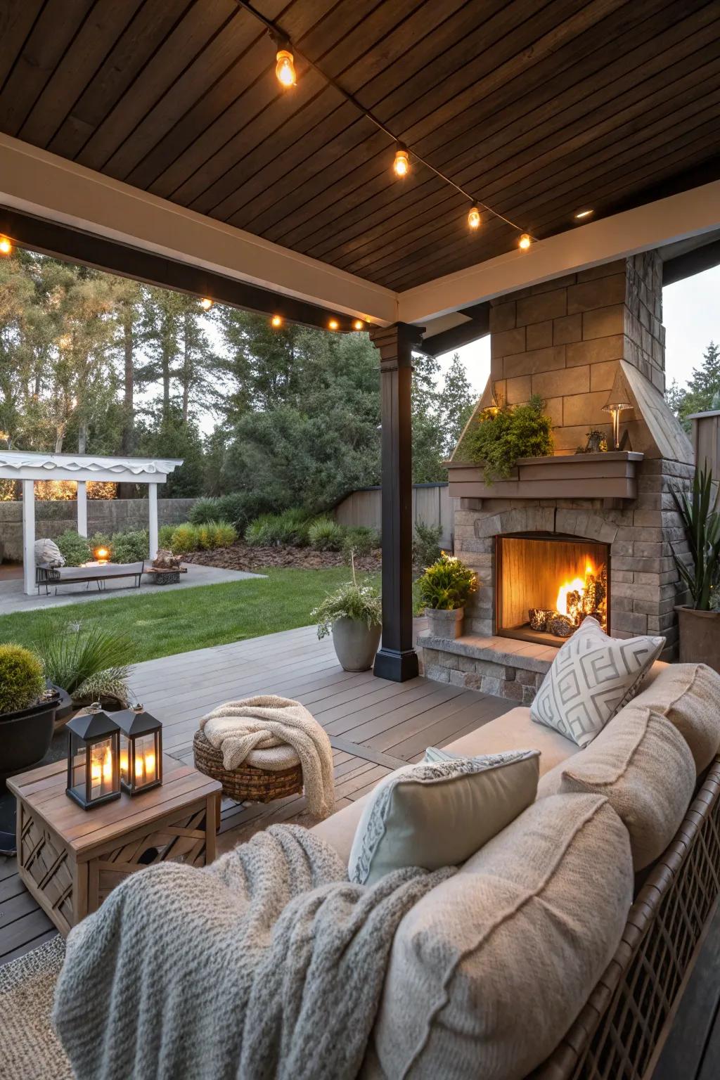 Stay warm and dry with a fireplace situated under a covered patio.