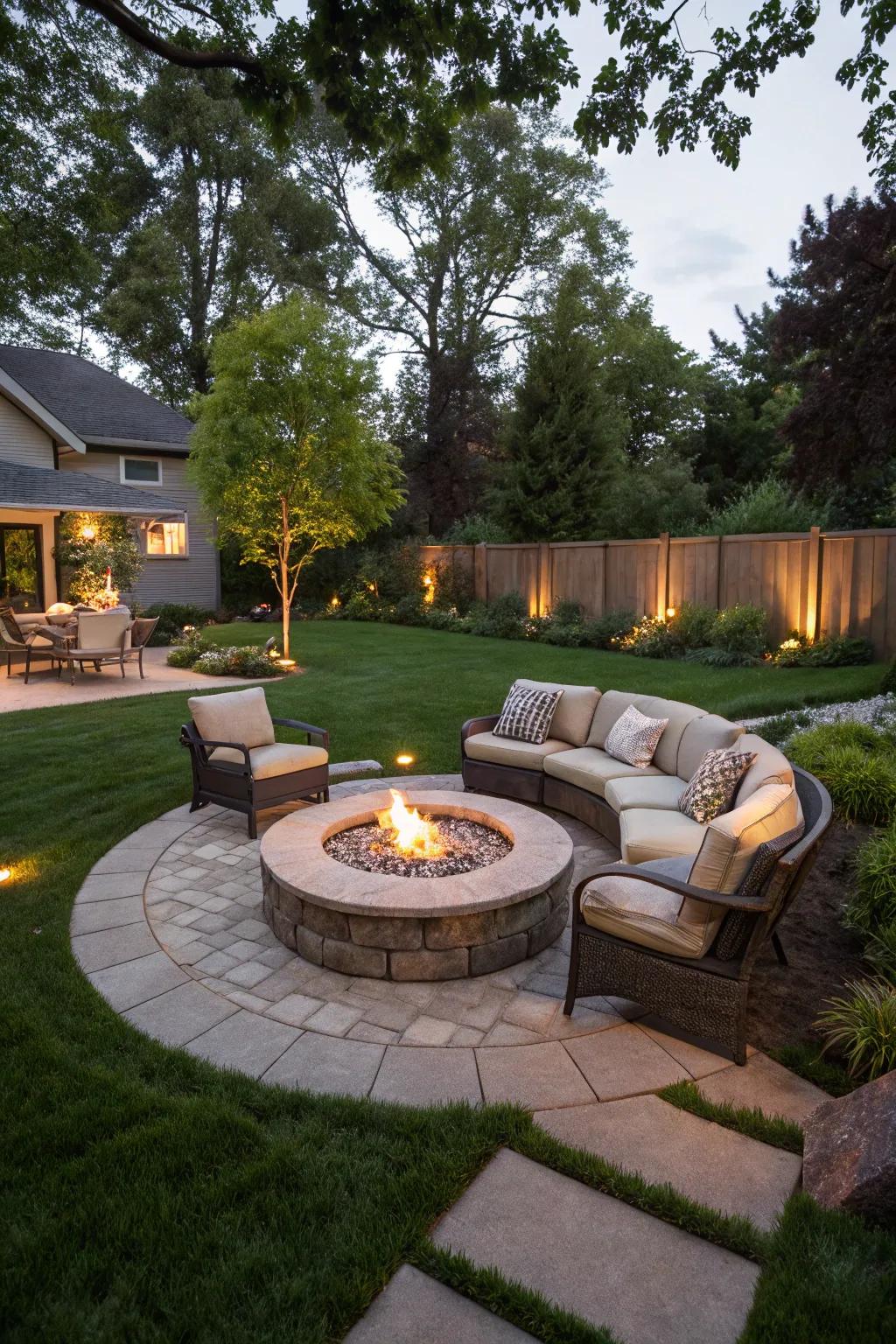 Design a snug corner using a fire bowl and plush seating.