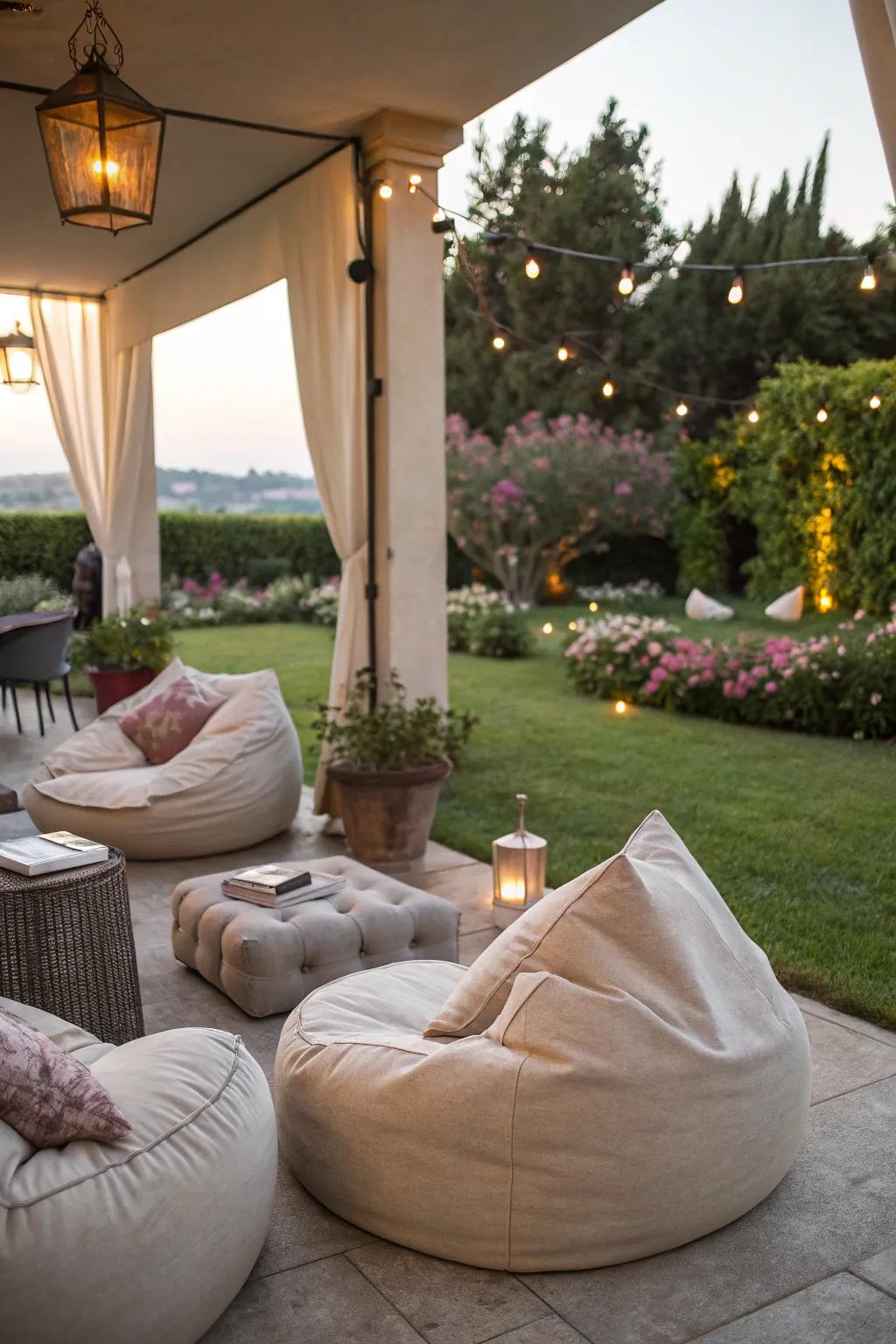 An inviting outdoor lounging area with comfortable furniture.