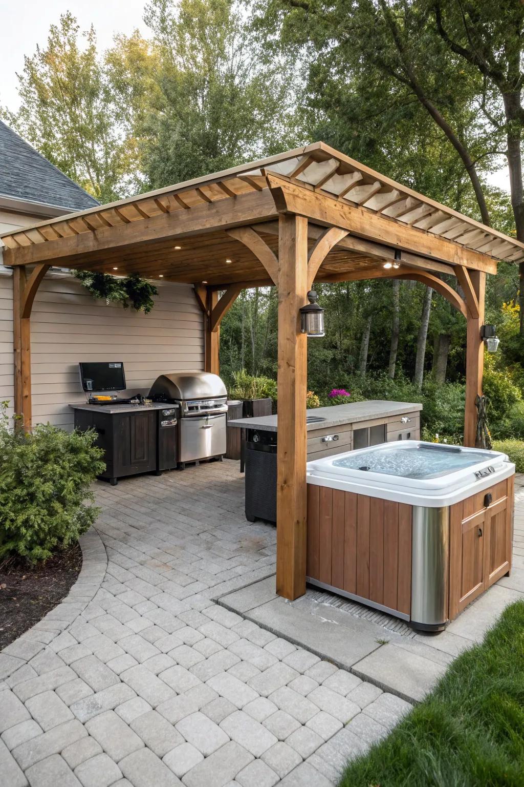 A pergola provides shade and protection, enhancing comfort and usability.