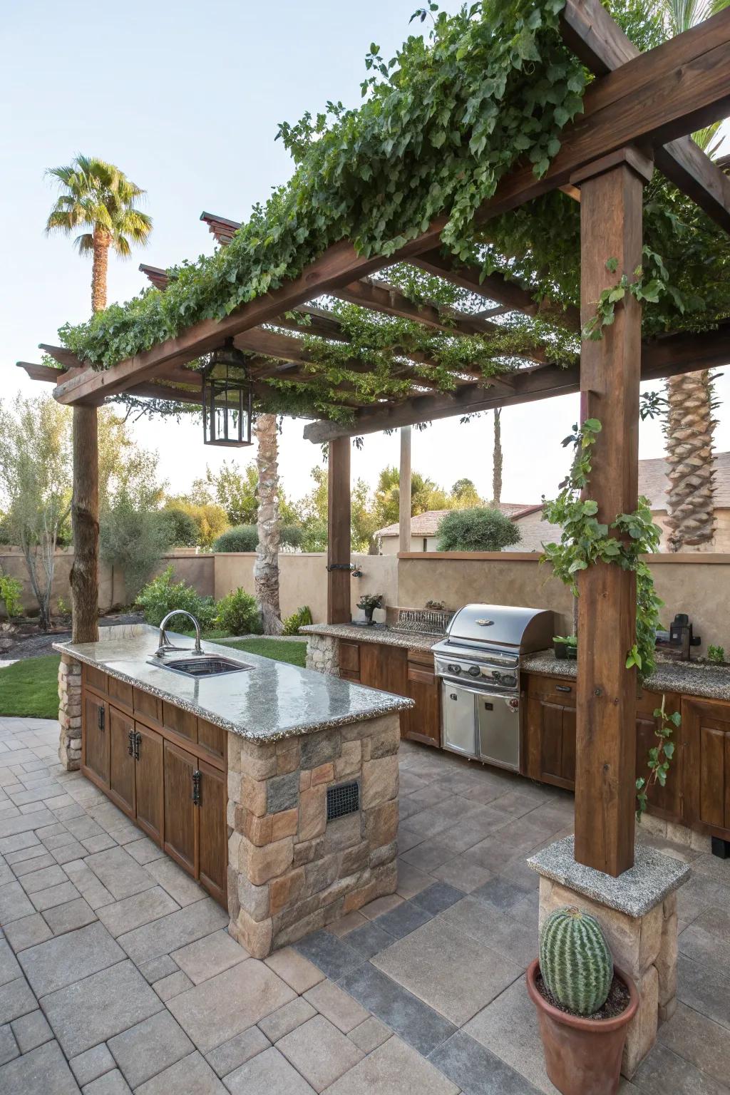 A pergola offers shade and structure to your cooking area.