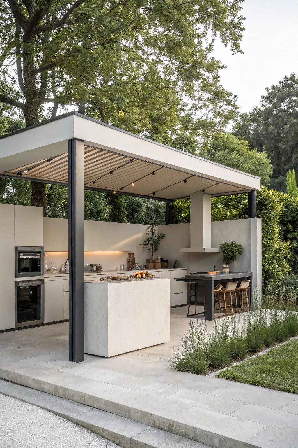 Capture sophistication with a contemporary minimalist outdoor kitchen gazebo.