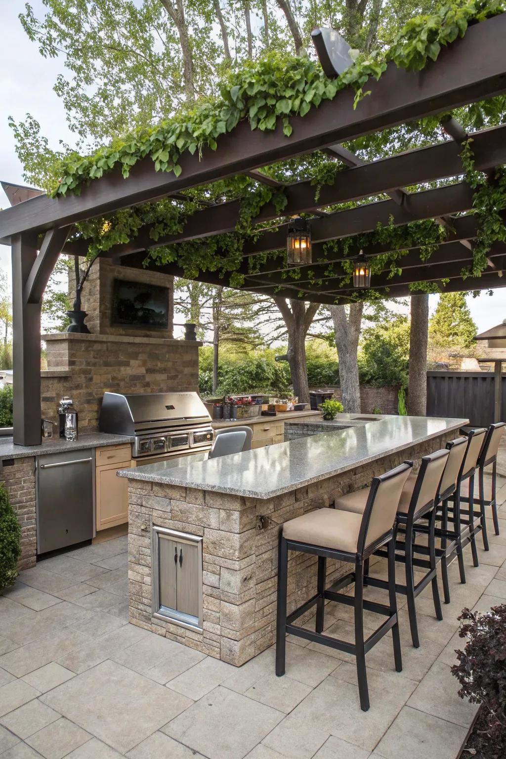 A welcoming outdoor kitchen island with bar stools and a seating area under a pergola.