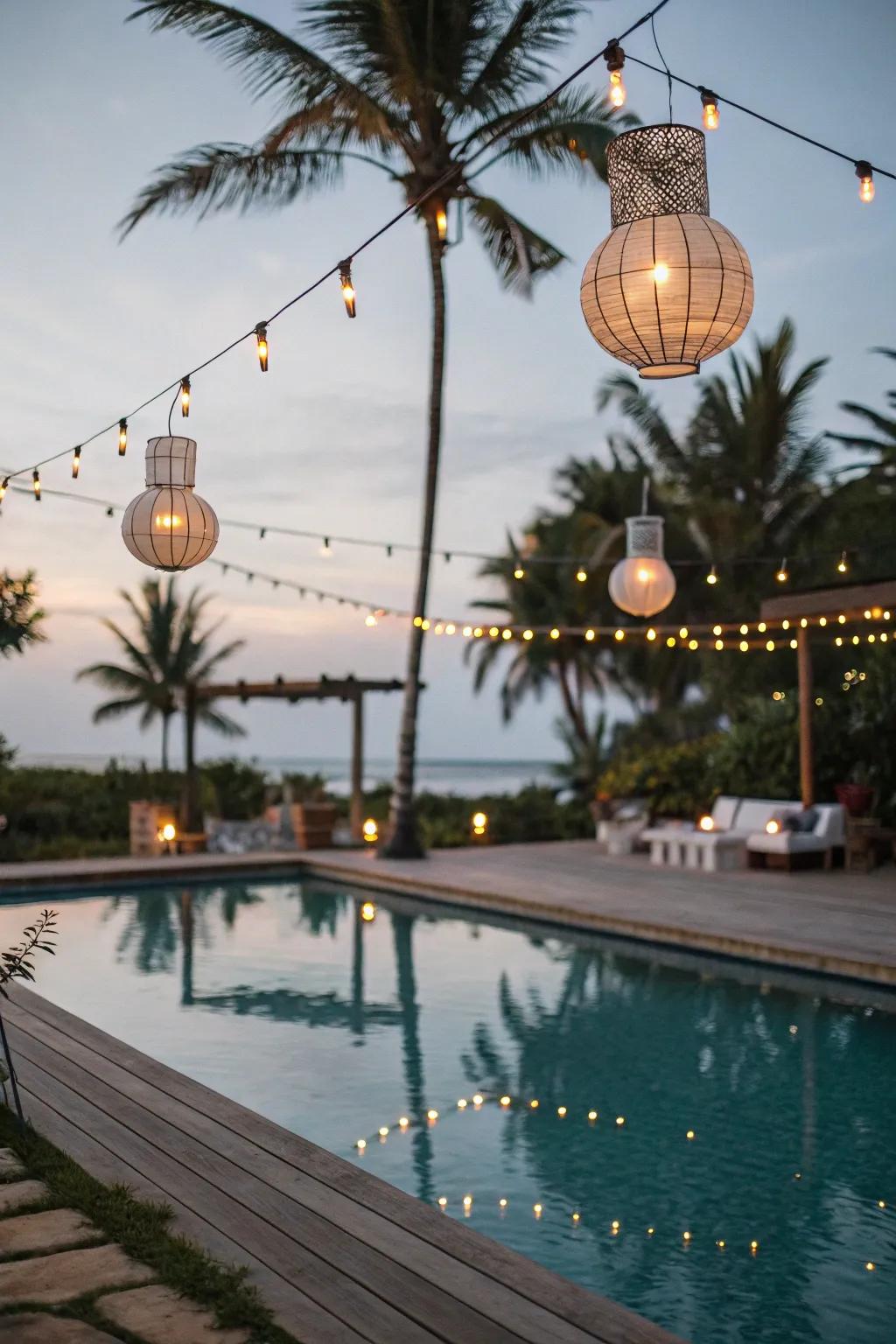 Lanterns and strand lights infuse charm and merriment into any poolside social.