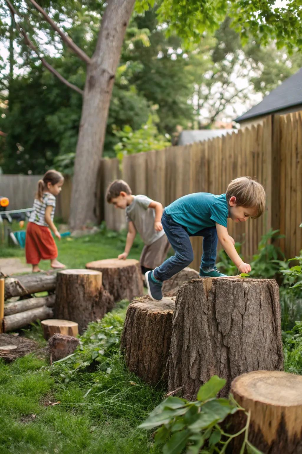 Promote natural adventures using logs and stumps.