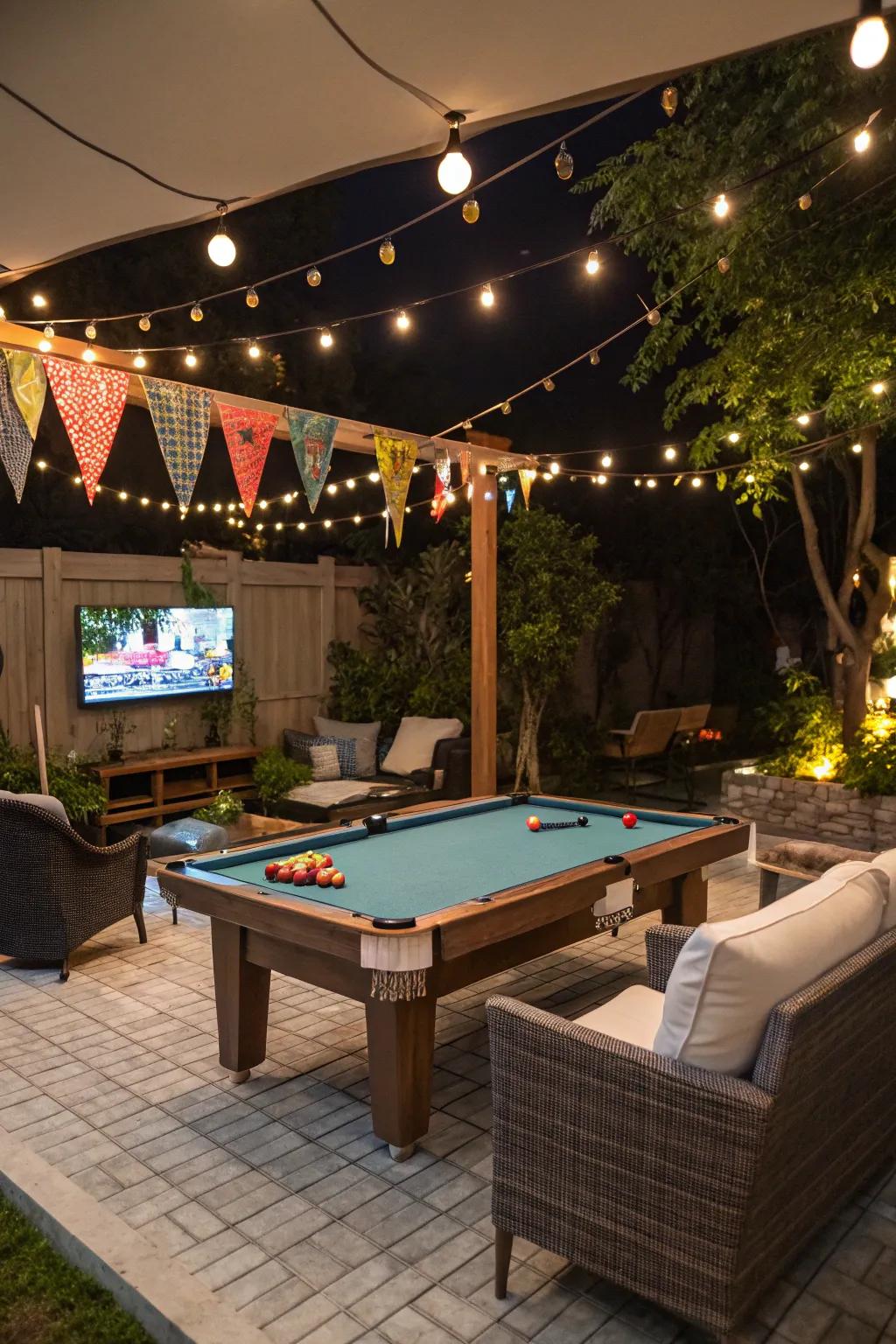 A pool table next to entertainment features like a TV and cozy seating.