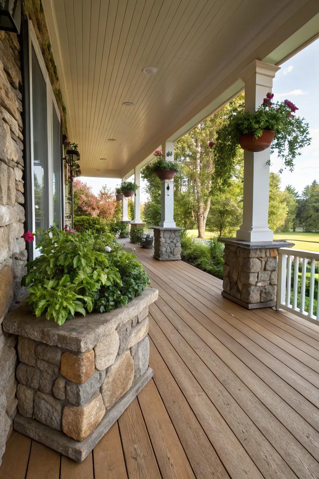 Timber and stone features establish a harmonious relationship with nature on this porch.