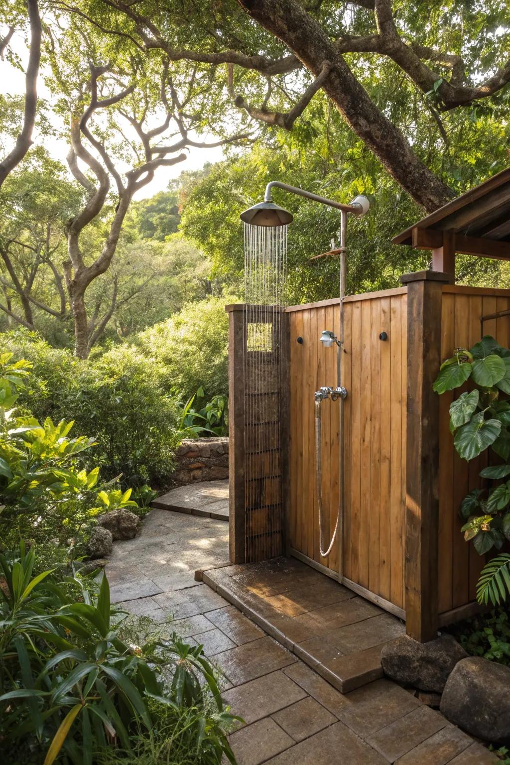 Incorporate rustic allure with contemporary design in your outdoor shower.