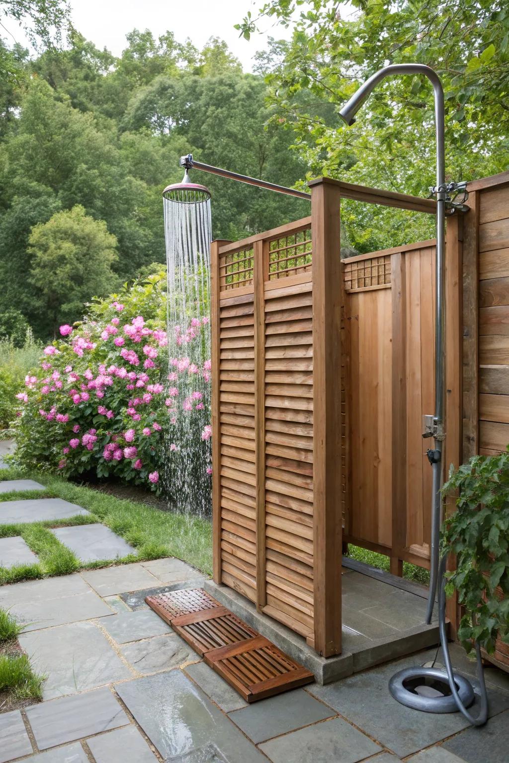 An outdoor shower surrounded by stylish timber dividers.