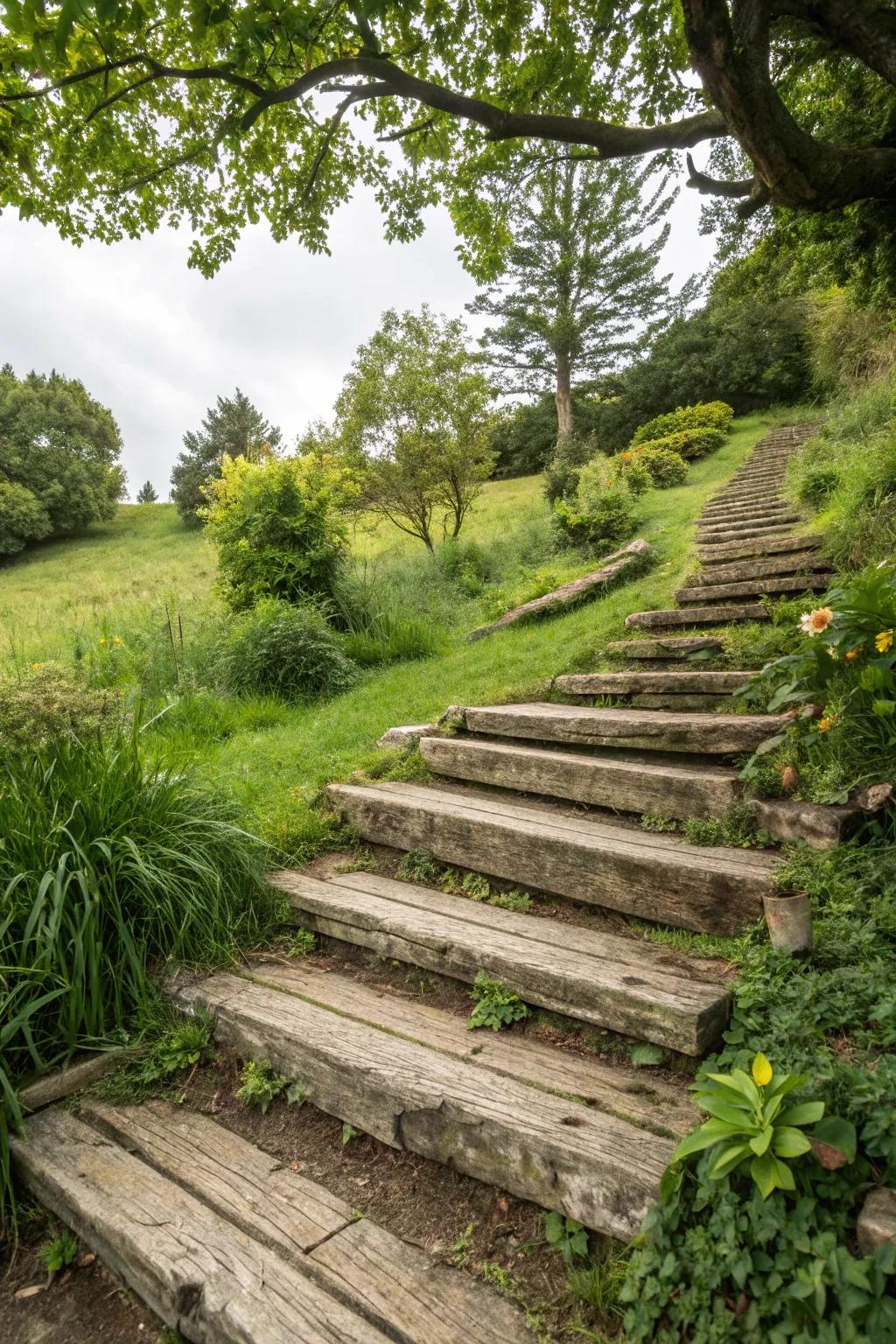 Lumber steps contribute countryside charm, mixing wonderfully with natural surroundings.