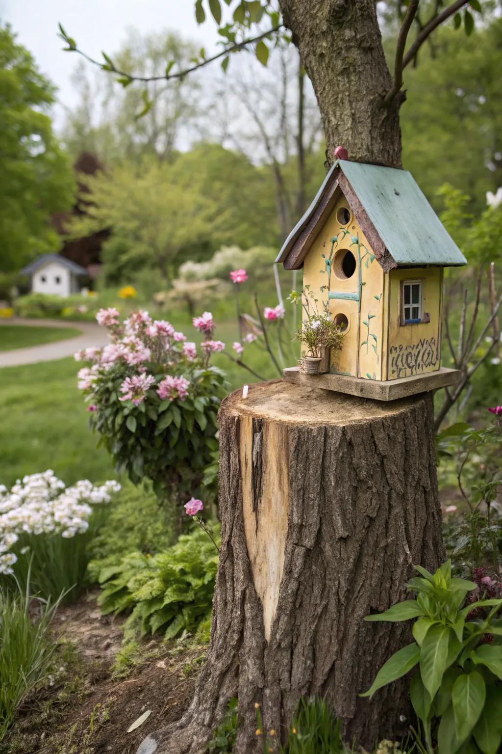 A birdhouse perched on a stump is a delightful addition to any garden.