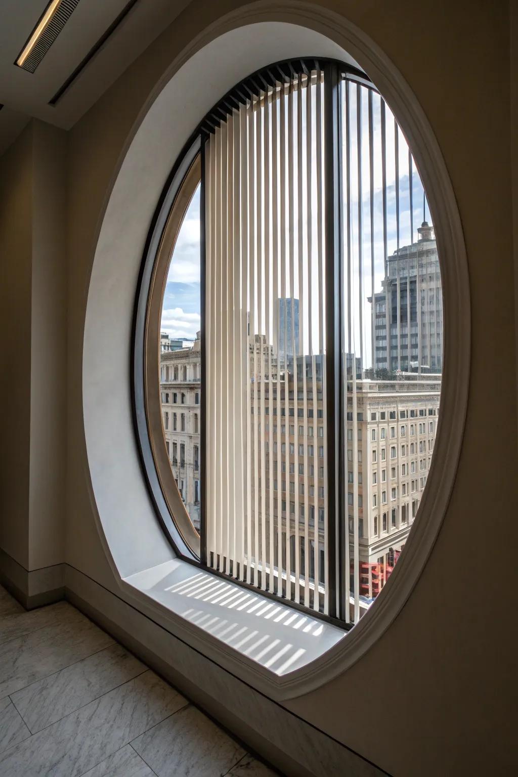Vertical blinds add a creative spin to oval windows.
