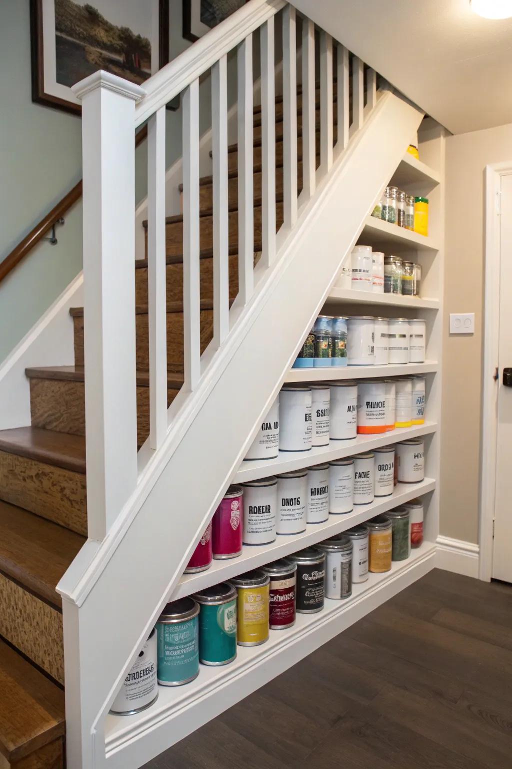 Stairwell shelving offers a clever storage solution for paint cans.
