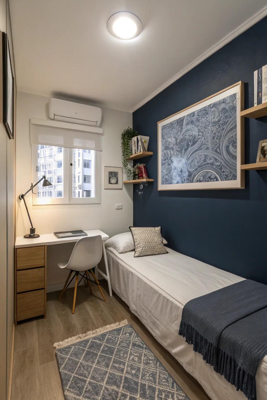 A striking accent wall painted in a vibrant hue can provide richness and allure to a small space.